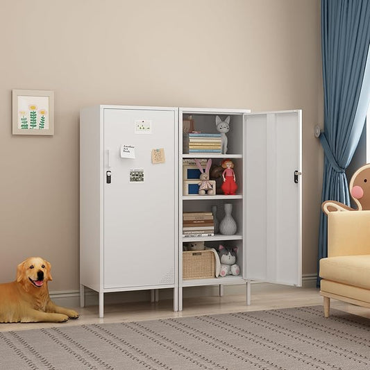 Metal Locker Cabinet Lockable Bathroom Storage Cabinet Black 4 Tier Employee Lockers for Home, School, Office, Garage (White, 19.69" D x 15.75" W x 49.21" H)