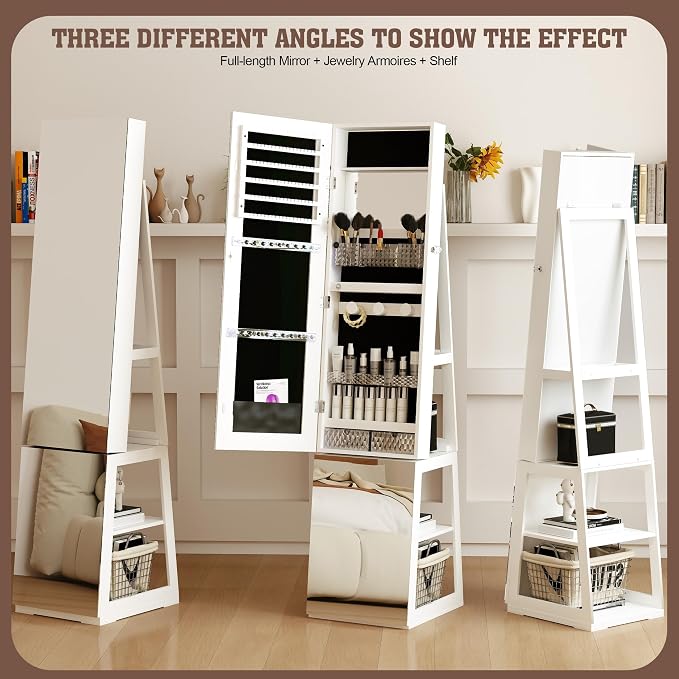 FOCALWEET LED Lockable Mirror Jewelry Cabinet, 360° Swivel Jewelry Organizer Armoire Standing, Frameless Full-Length Mirror, 63'' Standing Jewelry Mirror with Storage for Jewelry, White