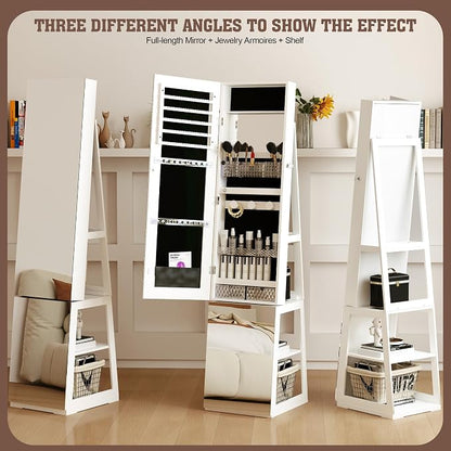 FOCALWEET LED Lockable Mirror Jewelry Cabinet, 360° Swivel Jewelry Organizer Armoire Standing, Frameless Full-Length Mirror, 63'' Standing Jewelry Mirror with Storage for Jewelry, White