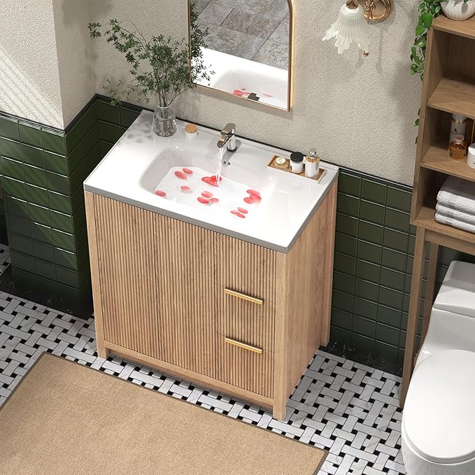 32 Inch Bathroom Vanity with Ceramic Sink, Small Bathroom Sink Cabinet with Fluted Doors and 2 Drawers, Single Sink Bath vanities Combo, Light Oak (19" D x 32" W x 36" H)