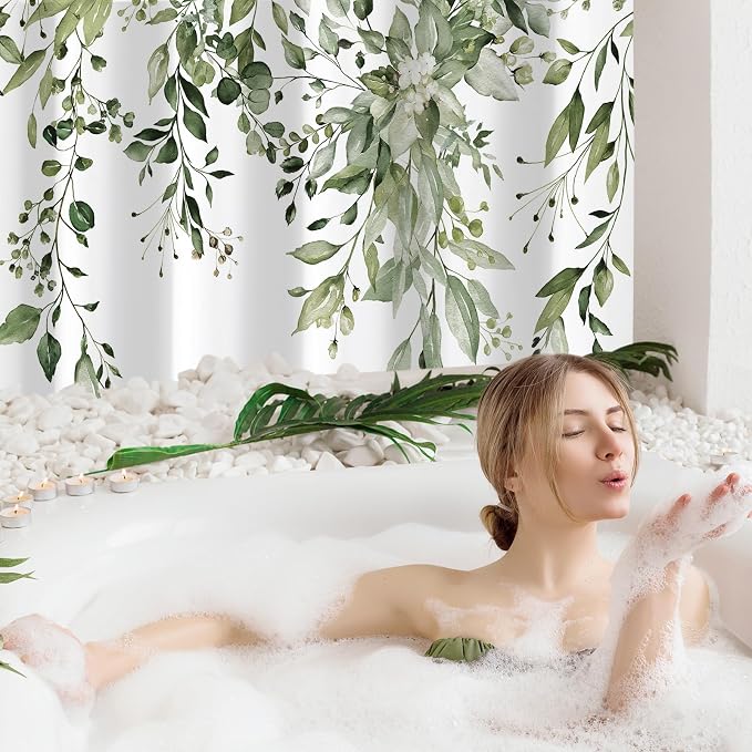 Olive Green Eucalyptus Shower Curtain, Floral Print, 54x72 | Watercolor Plant Leaves Floral Print, Stall Waterproof Fabric Bathroom Decor, Machine Washable, Rustproof Grommets