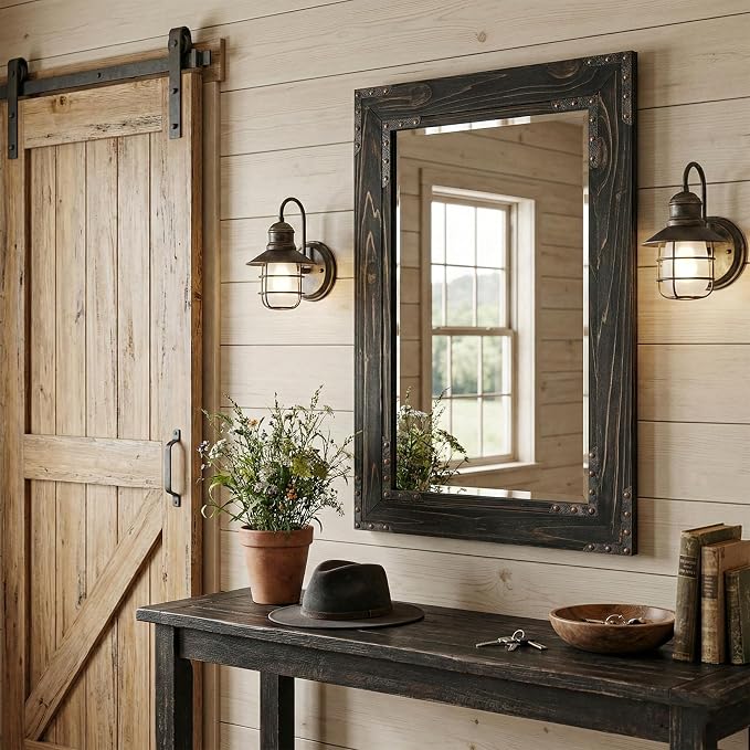 Rustic Black 24x36 Inch Wood Bathroom Vanity Mirror, Rivets | Industrial farmhouse, beveled glass edge, deep charcoal grain, single-sink bathrooms, hallways and entry consoles