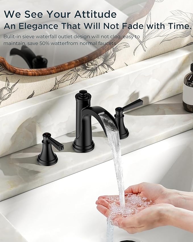 FORIOUS Black Bathroom Faucet 3 Hole, 2 Handle Brass 8 Inch Widespread Matte Black Bathroom Sink Faucet Waterfall with Pop-up Drain and CUPC Flexible Hoses, Vanity Tap 3 Holes