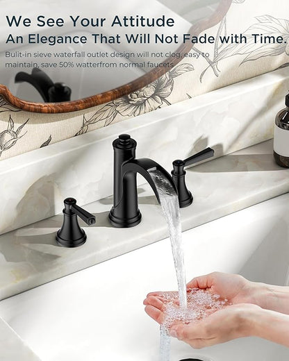 FORIOUS Black Bathroom Faucet 3 Hole, 2 Handle Brass 8 Inch Widespread Matte Black Bathroom Sink Faucet Waterfall with Pop-up Drain and CUPC Flexible Hoses, Vanity Tap 3 Holes