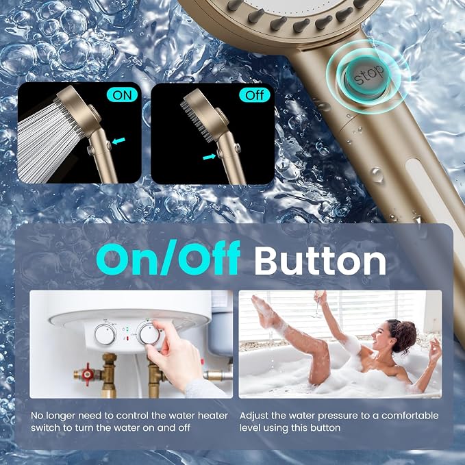 Filtered Shower Head with Handheld, High Pressure Showerhead with Filters | 4 Spray, ON/OFF Button for Pets, Detachable Shower Heads with Water Softener Filter Beads for Hard Water- Remove Chlorine