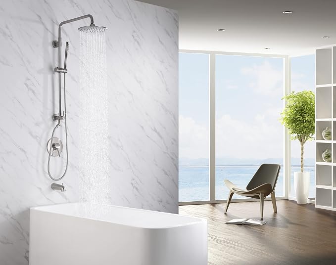 SUMERAIN Brushed Nickel Retrofit Shower System | 9 Inch Rain Shower Head, Brass, Easy DIY Installation for Remodel, Adjustable Slide Bar