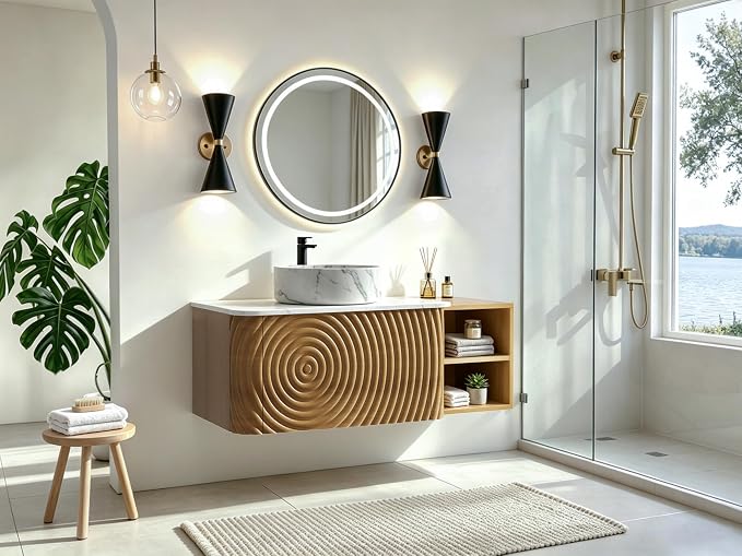 42" Floating Bathroom Vanity with Sink, Mid-Century Wall Mounted Bathroom Vanity Cabinet with Wood Waved Decor,Marble Ceramic Basin and Sintered Stone Top, Soft Close Drawer, Side Open Cube