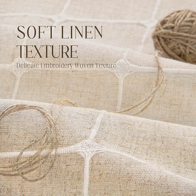 Beige Shower Curtain Linen Texture Farmhouse with Embroidered Plaid Pattern and Boho Tassels for Bathroom,72" W×72" L