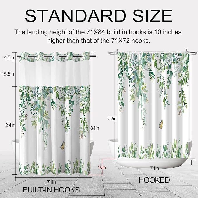 No Hook Shower Curtain and Liner Set, Light Green Eucalyptus 71x84 | Floral Design, with Snap in Liner, See-Through Top Window, Waterproof, Machine Washable, Quick-Drying, for Hotel Bathroom