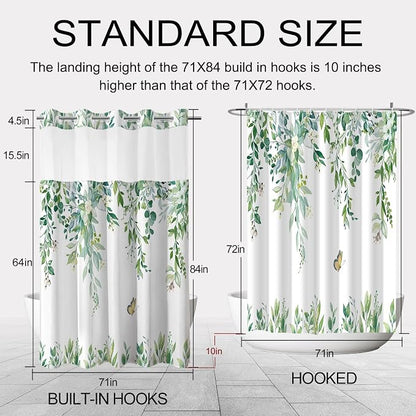 No Hook Shower Curtain and Liner Set, Light Green Eucalyptus 71x84 | Floral Design, with Snap in Liner, See-Through Top Window, Waterproof, Machine Washable, Quick-Drying, for Hotel Bathroom