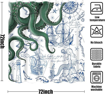 Fungarth Green Nautical Octopus Shower Curtain Navy Blue Mermaid Funny Ocean Kraken Shower Curtains for Bathroom Anchor Coastal Map Waterproof Fabric Bath Curtain Decor with Hooks (Green, 72” x 72”)