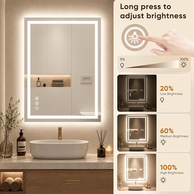Antok 30x36 LED Bathroom Mirror with Lights, Backlit + Front Lit Vanity Mirror with CRI>90, Dimmable Anti-Fog Smart Mirror with Memory Function, 3 Color Temperatures, Shatterproof Tempered Glass, ETL
