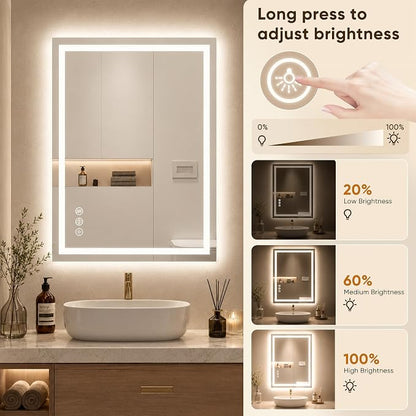 Antok 55x30 LED Bathroom Mirror with Lights, Backlit + Front Lit Vanity Mirror with CRI>90, Dimmable Anti-Fog Smart Mirror with Memory Function, 3 Color Temperatures, Shatterproof Tempered Glass, ETL