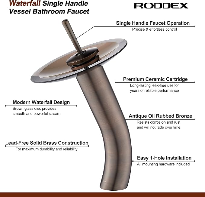 Waterfall Bathroom Faucet Glass Single Handle Solid Brass Basin Lavatory Vessel Sink Vanity Faucet, Tall, Oil Rubbed Bronze …