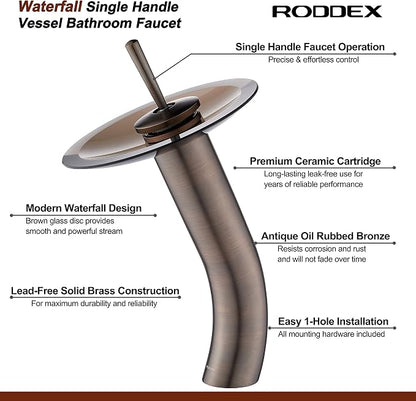 Waterfall Bathroom Faucet Glass Single Handle Solid Brass Basin Lavatory Vessel Sink Vanity Faucet, Tall, Oil Rubbed Bronze …
