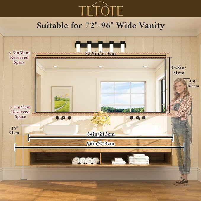 Brushed Nickel Vanity Mirror for Bathroom 84" x 36" Beveled Frame Rectangle Bathroom Mirror for Over Sink Brushed Nickel, Tempered Glass, Stronger Frame, Modern Farmhouse Bedroom, Entryway