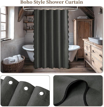 BTTN Stall Shower Curtain, 54'' Small Boho Scalloped Linen Textured Thick Fabric Shower Curtain Set with 10 Hooks, Neutral Modern Waterproof Cloth Shower Curtains for Bathroom, 54x78, Charcoal Grey