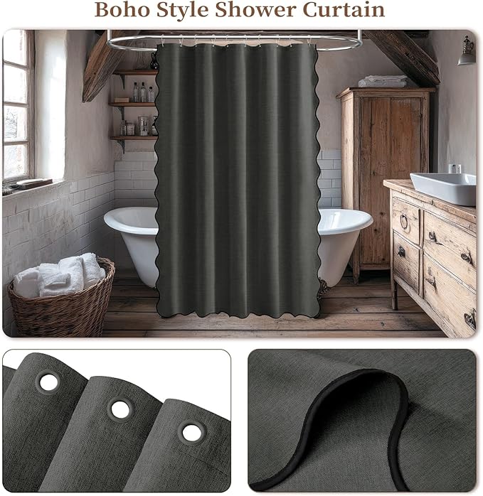 BTTN Stall Shower Curtain, 60×72 Boho Scalloped Linen Textured Heavy Duty Fabric Shower Curtain Set with 10 Hooks, Narrow Vintage Country Waterproof Cloth Shower Curtains for Bathroom, Charcoal Grey