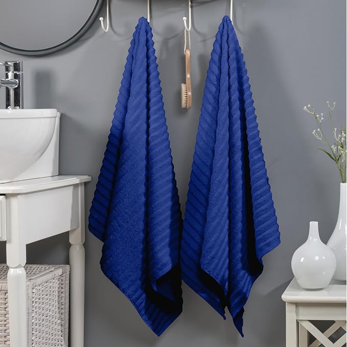 Elegant Comfort 100% Turkish Cotton Corduroy Ribbed Luxury Soft 2 Pack Bath Towels 27 x 54 Inch - Ultra Plush, Absorbent, Quick Dry, Hotel Spa Quality Towels for Bathroom Essentials, Royal Blue