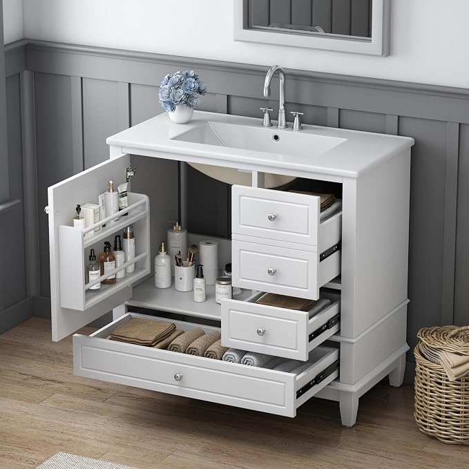 Merax Bathroom Vanity with Ceramic Sink 36 Inch, Cabinet with One Door and Three Drawers, Soft-Closing Door, Solid Wood Legs, White