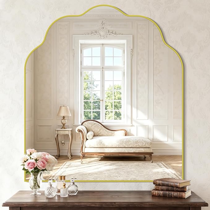 Gold Arched Mirror, 36×40Inch Scalloped Mirror for Bathroom, Wavy Wall Mounted Vanity Mirror with Aluminum Alloy Frame for Livingroom Bedroom and Entryway, Tempered Glass