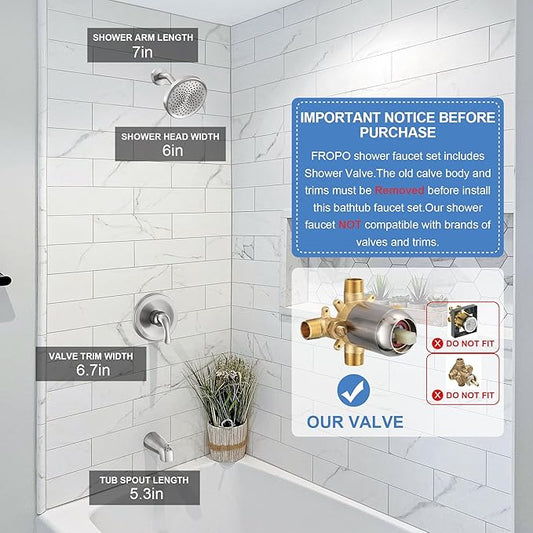 Tub Shower Faucet Set with Valve, Tub and Shower Faucet Set Complete Brushed Nickel, Single-Handle Tub and Shower Trim Kit with High-Pressure 6 Inch Rain Shower Head and Tub Spout