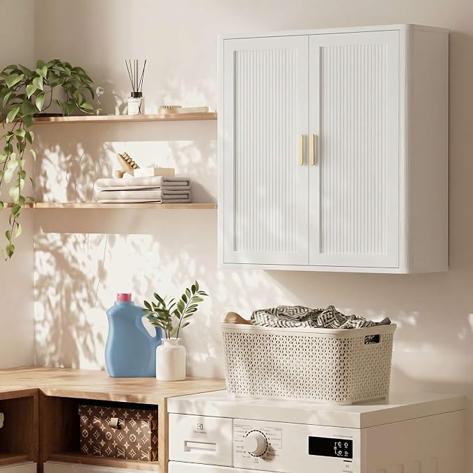 INNOD Bathroom Storage Cabinet, Over The Toilet Storage Cabinet, Medicine Cabinet with Adjustable Wood Shelf & Doors for Laundry Room & Kitchen & Living Room(White)