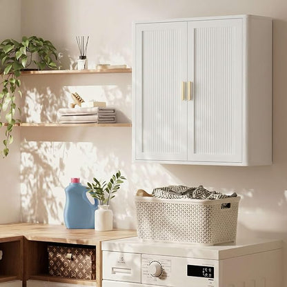 INNOD Bathroom Storage Cabinet, Over The Toilet Storage Cabinet, Medicine Cabinet with Adjustable Wood Shelf & Doors for Laundry Room & Kitchen & Living Room(White)