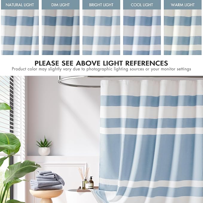 Madison Park Spa Waffle Weave Extra Wide Shower Curtain, 108 x 72, Blue | Striped, Pieced Fabric Design, 3M Scotchgard Moisture Management, Hotel Quality, Modern, for Bathroom, OEKO-TEX Certified