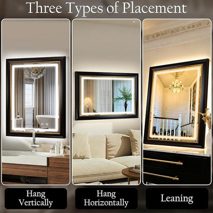 ROLOVE 23x33 Inch Lighted Baroque Bathroom Mirror, Antique Black and Gold | Anti-Fog, Waterproof Frame and Shatterproof Glass, Vintage Wall Mirror for Bathroom, Entryway and Powder Room