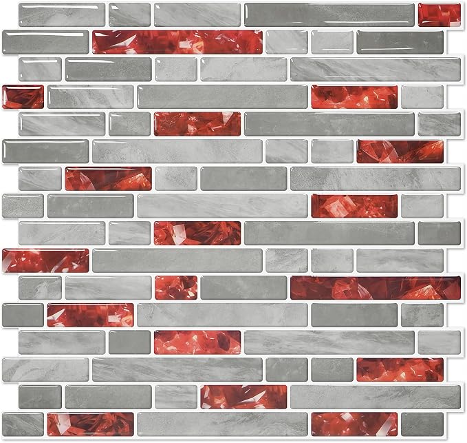 STICKGOO Thicker Peel and Stick Backsplash Tile for Kitchen and Bathroom | 10 Sheets of 12”×12” - 3D Vinyl Self Adhesive Wall Tiles Stick on Backsplash for Kitchen & Bathroom(Red)