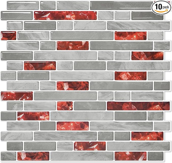 STICKGOO Thicker Peel and Stick Backsplash Tile for Kitchen and Bathroom | 10 Sheets of 12”×12” - 3D Vinyl Self Adhesive Wall Tiles Stick on Backsplash for Kitchen & Bathroom(Red)