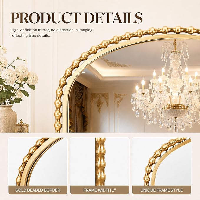 36"x28" Wide Arched Wall Mirror, Antique Gold Bold Beaded Frame | Large statement mirror for fireplace mantel, vintage decorative horizontal wall mount for entryway, living room, bathroom