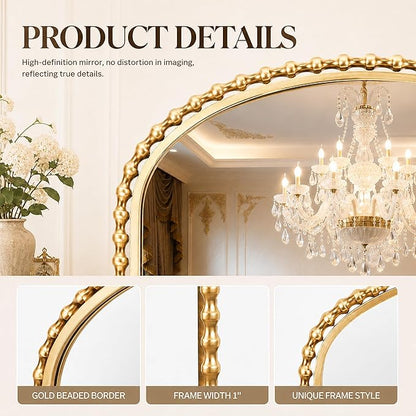 36"x28" Wide Arched Wall Mirror, Antique Gold Bold Beaded Frame | Large statement mirror for fireplace mantel, vintage decorative horizontal wall mount for entryway, living room, bathroom