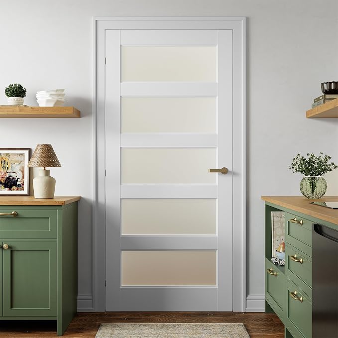 SMARTSTANDARD 36" x 80" Frosted Glass Pantry Door, Solid Core Slab Door | Need to Assembly, 5-Panel without Hardware, French Interior Door for Pantry Pocket, White Primed