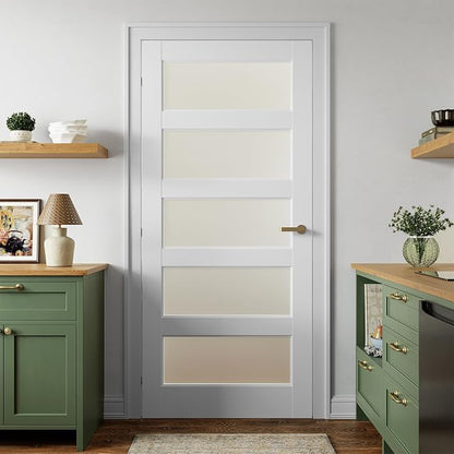 SMARTSTANDARD 36" x 80" Frosted Glass Pantry Door, Solid Core Slab Door | Need to Assembly, 5-Panel without Hardware, French Interior Door for Pantry Pocket, White Primed