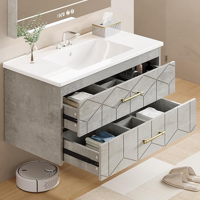 Garvee 36" Bathroom Vanity with Sink, Floating Bathroom Vanity with Ceramic Basin, 2 Large Storage Drawers with Gold Metal Handle, Modern Wall Mounted Bathroom Cabinet with Sink, Grey