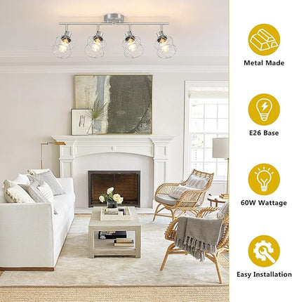 4-Light Kitchen Lighting Fixtures, Adjustable Multi-Directional Brushed Nickel Track Ceiling Light, Semi Flush Mount Ceiling Spotlight with Wire Cages for Living Room, Bedroom, Hallway