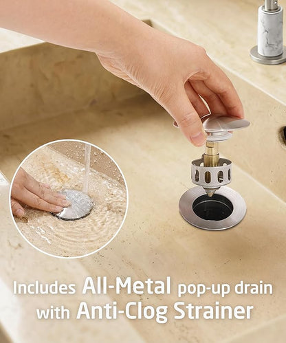 KES Natural Italian Carrara Marble Brushed Nickel Bathroom Faucet 3 Hole with All Metal Pop Up Sink Drain, 8 Inch Widespread Bathroom Sink Faucet for Vanity, 360° Swivel Spout, 18/8 Stainless Steel