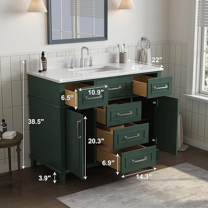 42 Inch Green Bathroom Vanity with Sink, Fully Assembled Bathroom Vanities with Soft Closing Doors & Dovetail Drawers, Solid Wood Vanity with Sink, 42 Inch Vanity for Bathroom