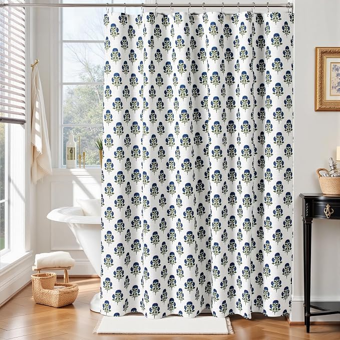 MUGINYU Blue Floral Shower Curtain Sets - 72x72 Inches,Cotton Blend Cloth Fabric,Girly Cute Coquette Style with Green Block Print for French Country Bathroom Decor