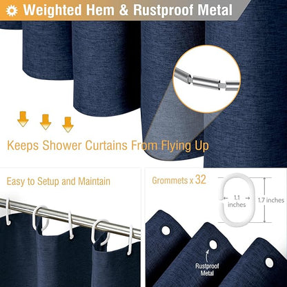 BTTN Extra Long Fabric Shower Curtain - 180x72 Inch Linen Textured Heavy Duty Tall Cloth Shower Curtain Set with 32 Plastic Hooks, Large Hotel Luxury Polyester Shower Curtains for Bathroom, Navy Blue