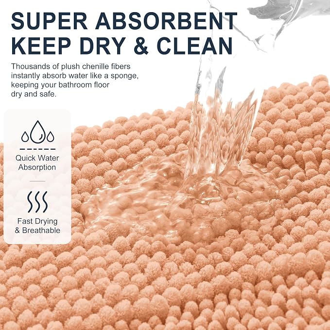 Smiry Thick Small Chenille Bathroom Rugs 24x16, Absorbent Bath Mat, Peach | Quick‑Dry & Machine Washable, Non‑Slip Bath Carpet, Soft Striped Bath Rugs for Tub & Shower, Modern Home Decor Accessories
