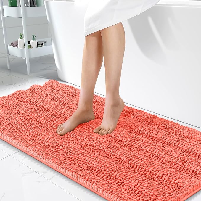 OLANLY Thick Bathroom Runner Rugs 47x24, Soft Chenille Bath Rugs, Coral | Absorbent Striped, Rubber Backing, Machine Wash, Long Bath Mats for Bathroom Floor, Tub and Shower, Home Decor Accessories