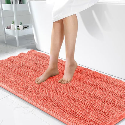 OLANLY Thick Bathroom Runner Rugs 47x24, Soft Chenille Bath Rugs, Coral | Absorbent Striped, Rubber Backing, Machine Wash, Long Bath Mats for Bathroom Floor, Tub and Shower, Home Decor Accessories