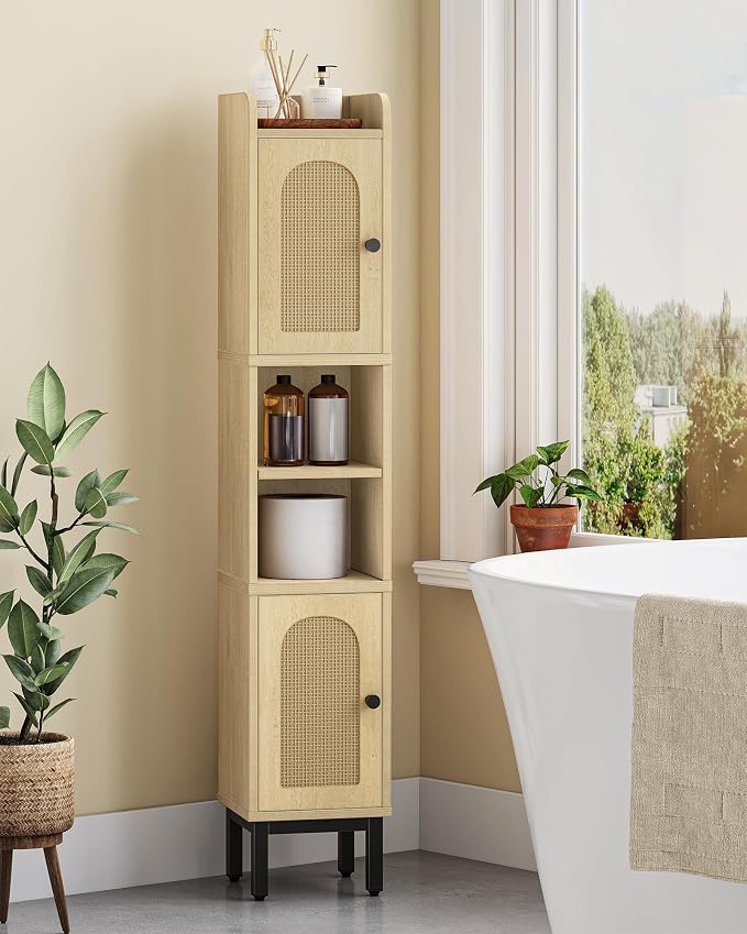 Hzuaneri Slim Bathroom Storage Cabinet, Narrow Bathroom Organizers,2 Doors | Narrow Bathroom Storage with 4 Adjustable Feet, Laundry Room Organization for Small Space,Kitchen, Rattan Yellow BC22402Y