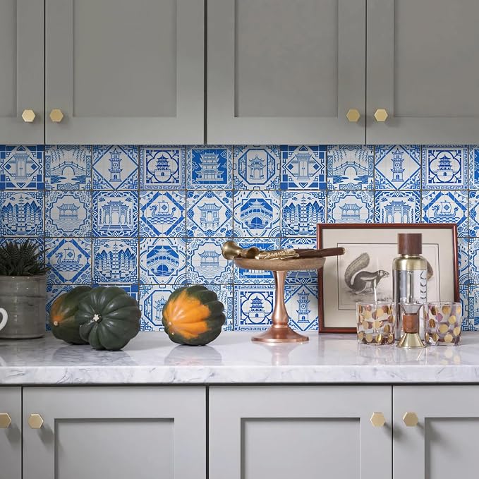 Easy Peel Stick wall Tile Stickers 6x6in Stick on backsplash Tiles,12Pcs | removable blue3D tile for kitchen RV bathroom laundry backsplash decor,Ultra-high-definition printed pogada pattern
