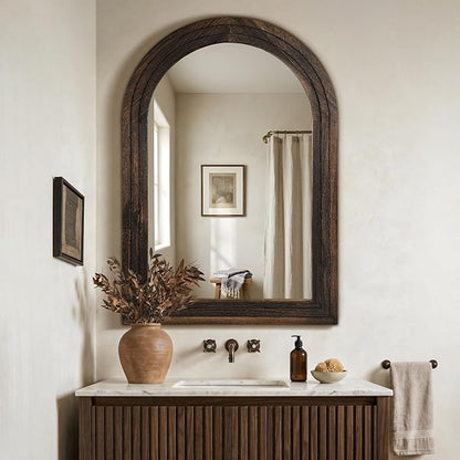 Arched Bathroom Mirror, 40"x28" Brown Wood Frame Wall Mirror | Farmhouse Vintage Vanity Mirror with Layered Frame for Entryway, Living Room, Bedroom