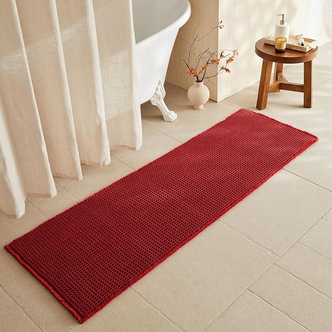 TYUU Waffle Runner Rug Bathroom, Long Boho Bath Mat, 72x24 Burgundy | Super Absorbent Quick Dry Bath Rug, Non-Slip Backing, Soft Waffle Washable Farmhouse Bathroom Mats, Tub, Shower & Home Decor