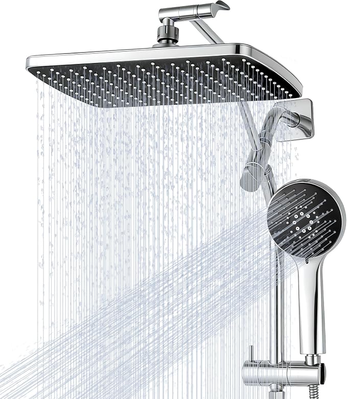 Shower Head with Handheld,High Pressure Chrome Slide Bar ShowerHead | Regaderas Para Shower,11.8" Rectangular,Rain Shower Head,Dual Shower Head,Bathroom Decor,Extension Arm,5 Spray Mode